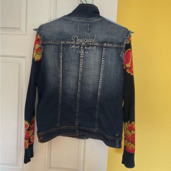 Desigual Dark Blue Denim Jacket with Multicolor Embroidered Sleeves - Picture 3 of 3